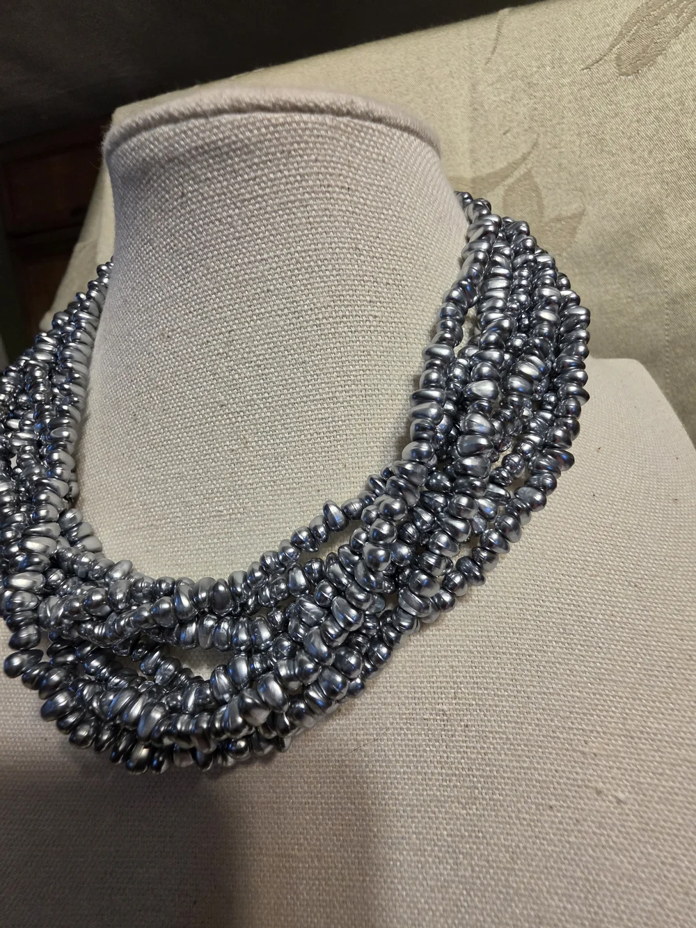 #1325 Elegant Multi-Strand Silver Pearl Necklace with Gold Accent - Picture 3 of 3
